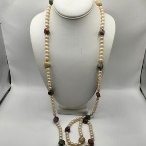 Vintage Faux Pearl and Mixed‎ Stone Bead Opera Length Necklace Gold Tone Spacer